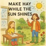 Illustration of a girl and her aunt in a sunny garden, bringing the idiom "Make Hay While the Sun Shines" to life through storytelling